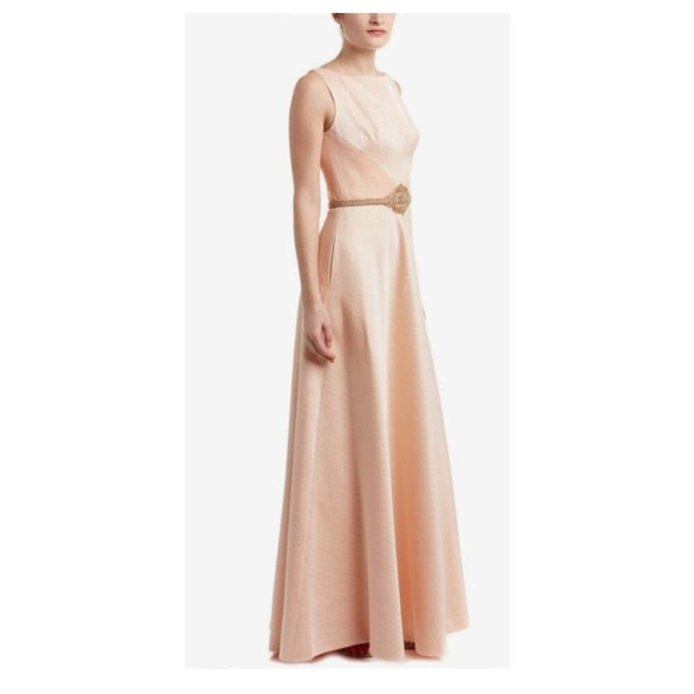 Theia Sleeveless Bateau Neck Woven Lurex Pique A-Line Blush Gold Gown 6